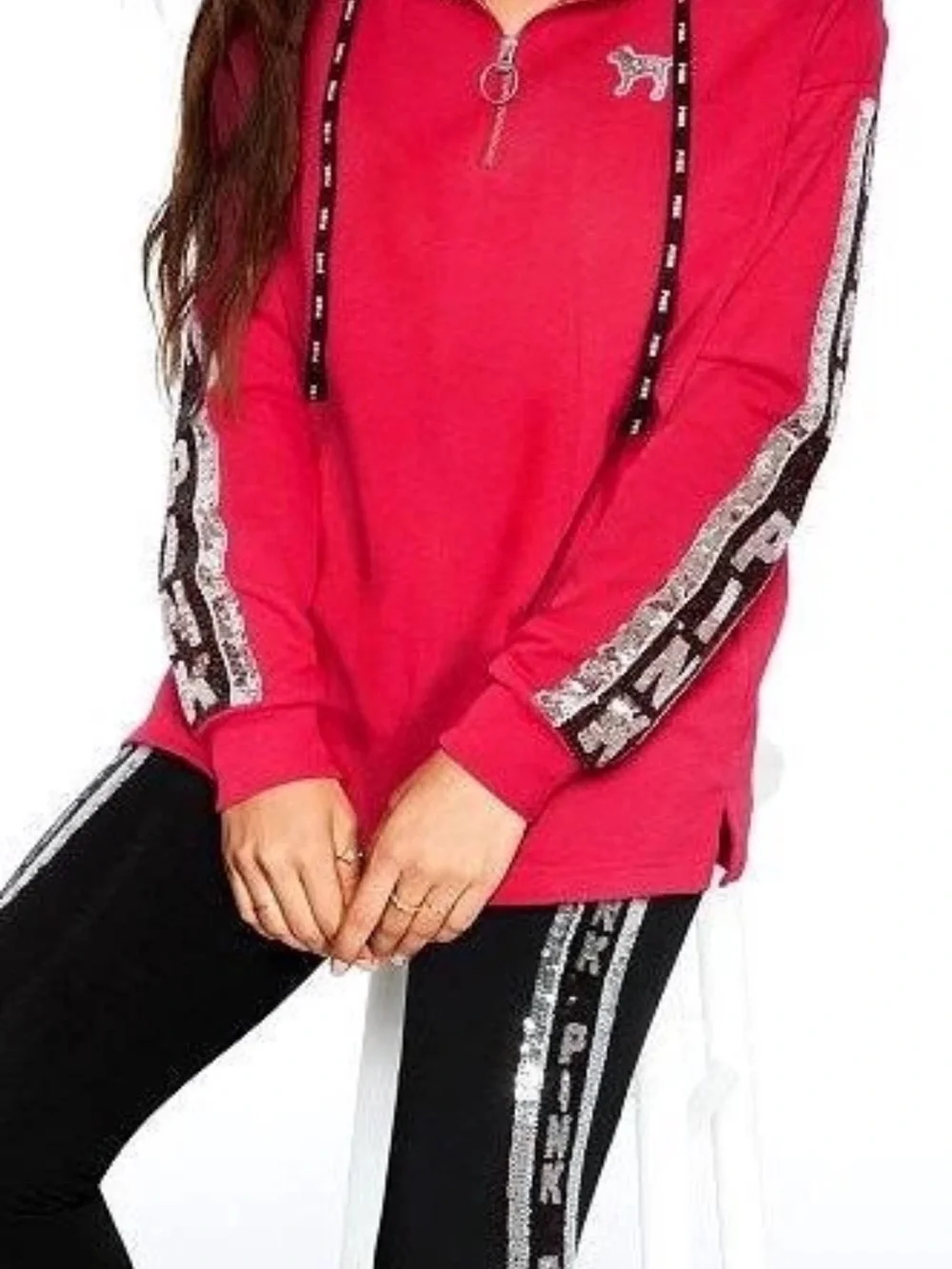 Victoria's Secret Pink Bling Campus Tunic Hoodie Neon Candy Coral Silver M - Picture 6 of 8